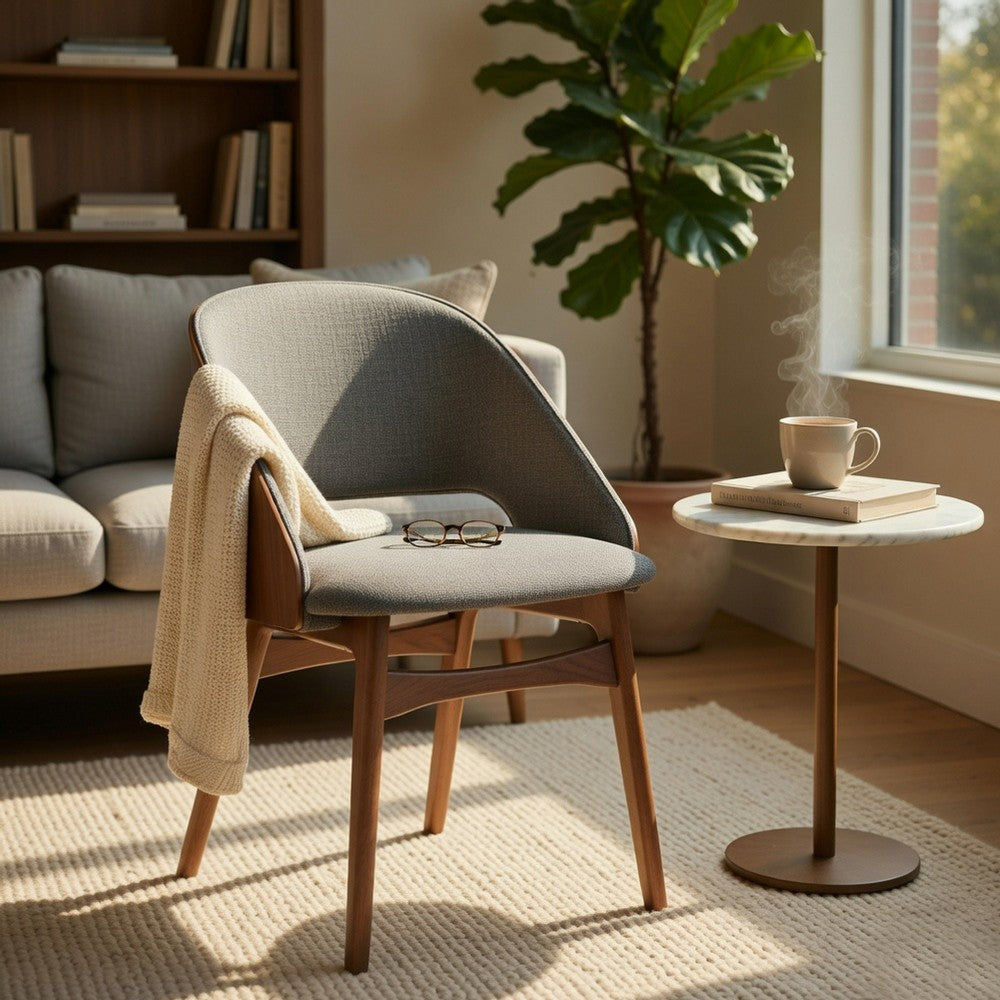 Benjara Dio Dining Side Chair Set of 2, Gray Padded Curved Back, Walnut Brown
