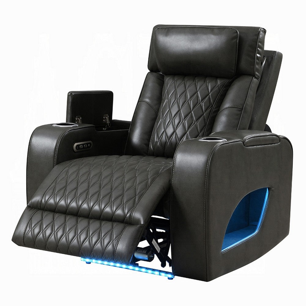 Benjara Neja Power Motion Recliner Chair, LED And USB, Dark Gray Faux Leather