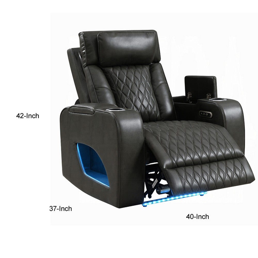 Benjara Neja Power Motion Recliner Chair, LED And USB, Dark Gray Faux Leather