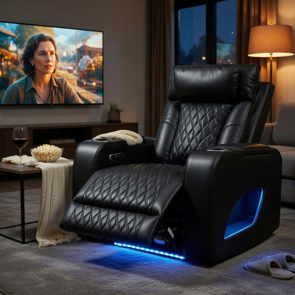 Benjara Neja Power Motion Recliner Chair, LED And USB, Dark Gray Faux Leather