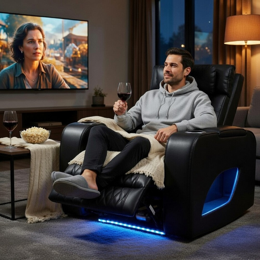 Benjara Neja Power Motion Recliner Chair, LED And USB, Dark Gray Faux Leather