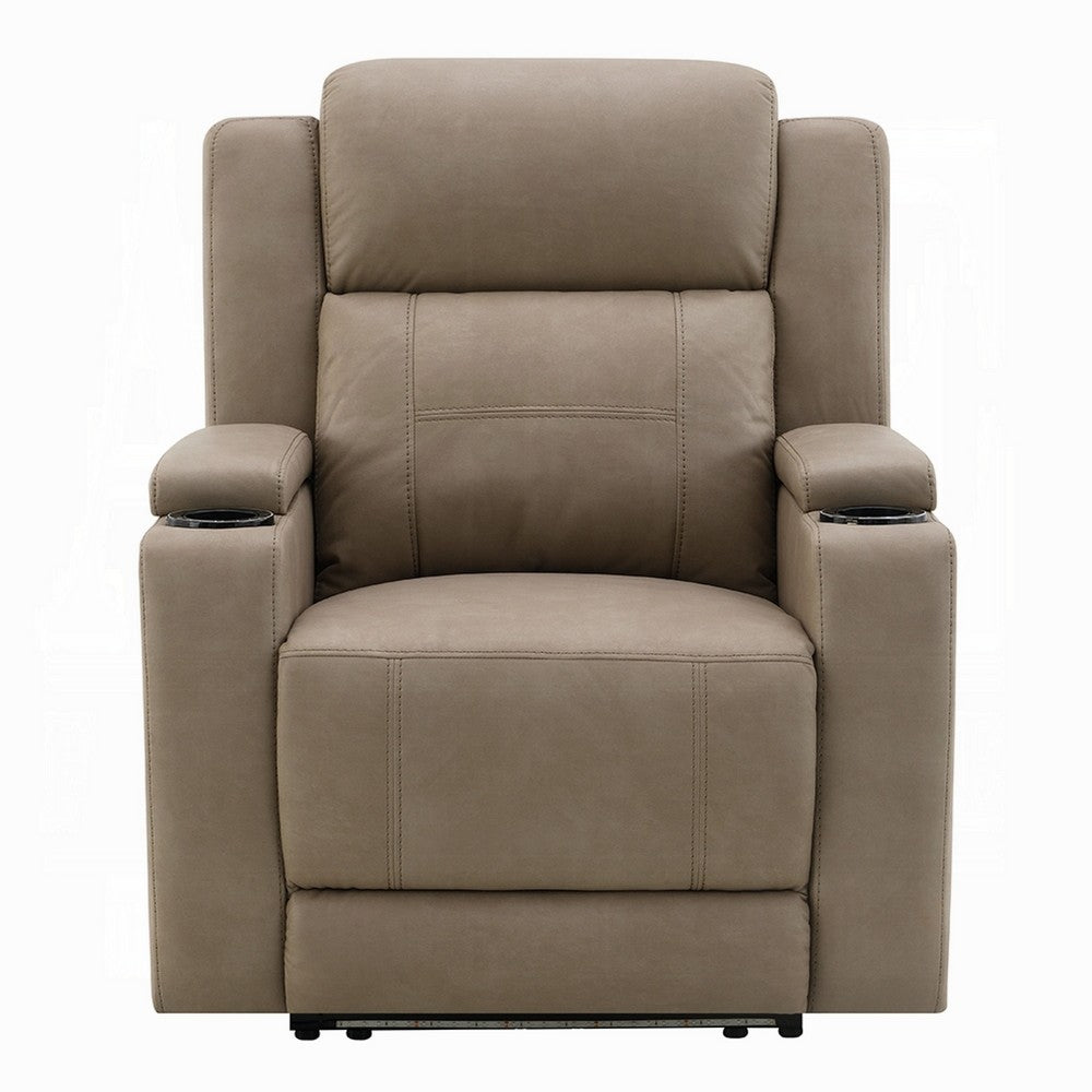 Benjara Jeja Power Motion Recliner Chair with Storage, Gray Faux Camel Leather