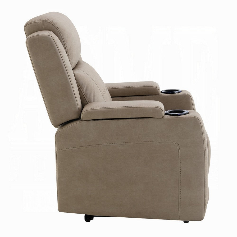 Benjara Jeja Power Motion Recliner Chair with Storage, Gray Faux Camel Leather