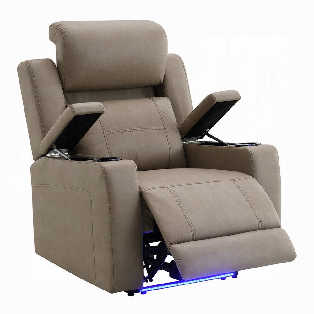 Benjara Jeja Power Motion Recliner Chair with Storage, Gray Faux Camel Leather