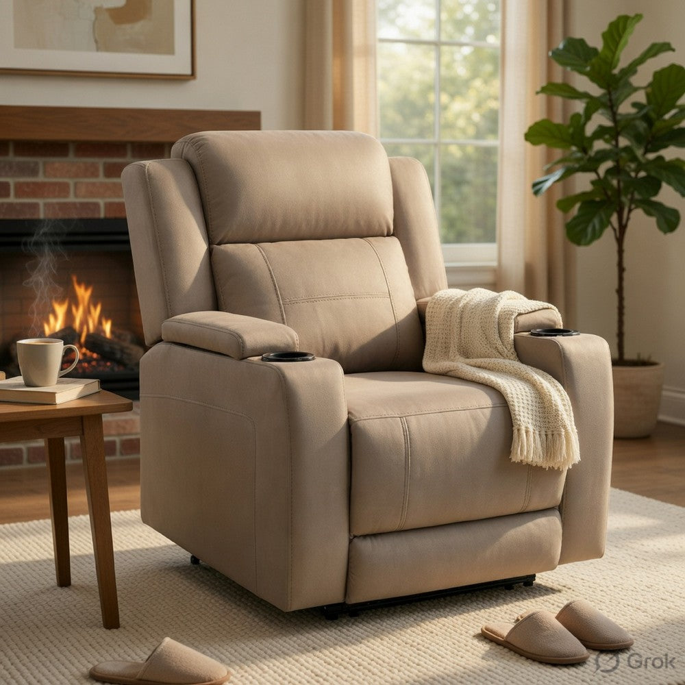 Benjara Jeja Power Motion Recliner Chair with Storage, Gray Faux Camel Leather