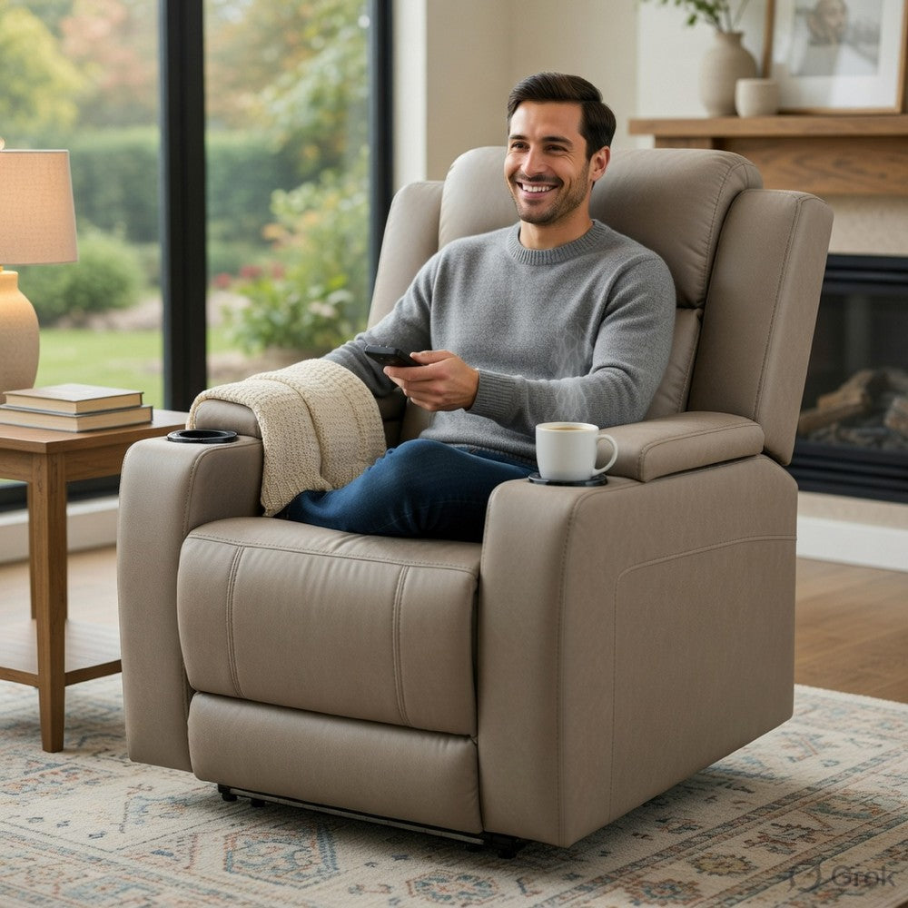 Benjara Jeja Power Motion Recliner Chair with Storage, Gray Faux Camel Leather