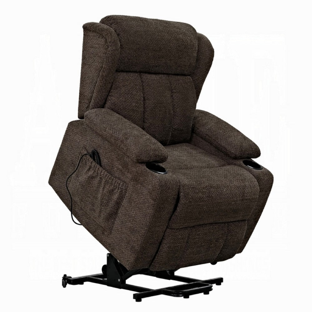 Benjara Leu Power Motion Recliner Chair with Stand Lift, Tufted Brown Linen