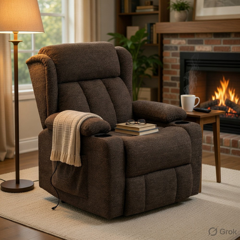 Benjara Leu Power Motion Recliner Chair with Stand Lift, Tufted Brown Linen