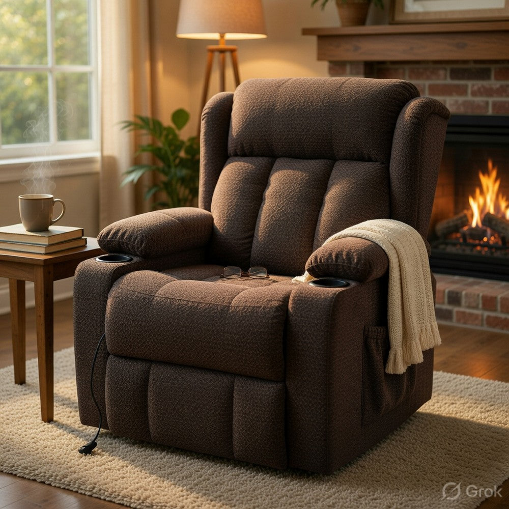 Benjara Leu Power Motion Recliner Chair with Stand Lift, Tufted Brown Linen