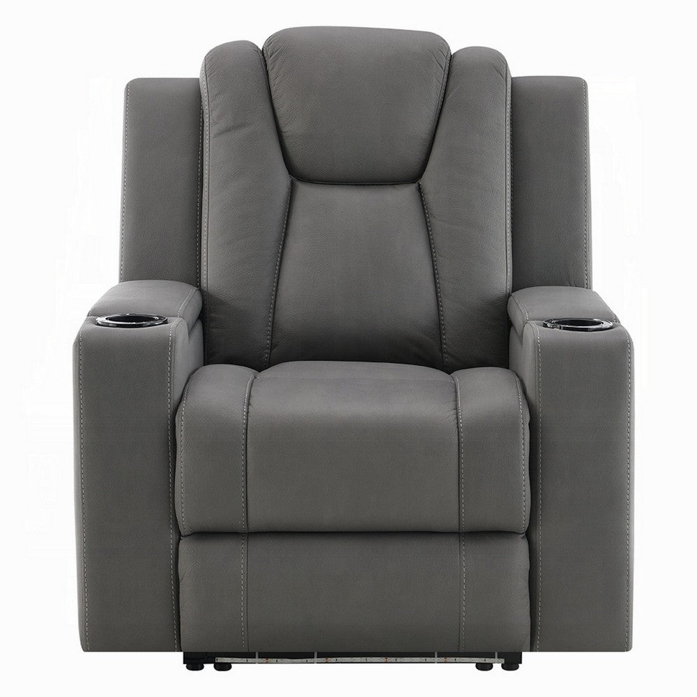 Benjara Jeju Power Motion Recliner with Power Headrest And LED, Gray Faux Leather