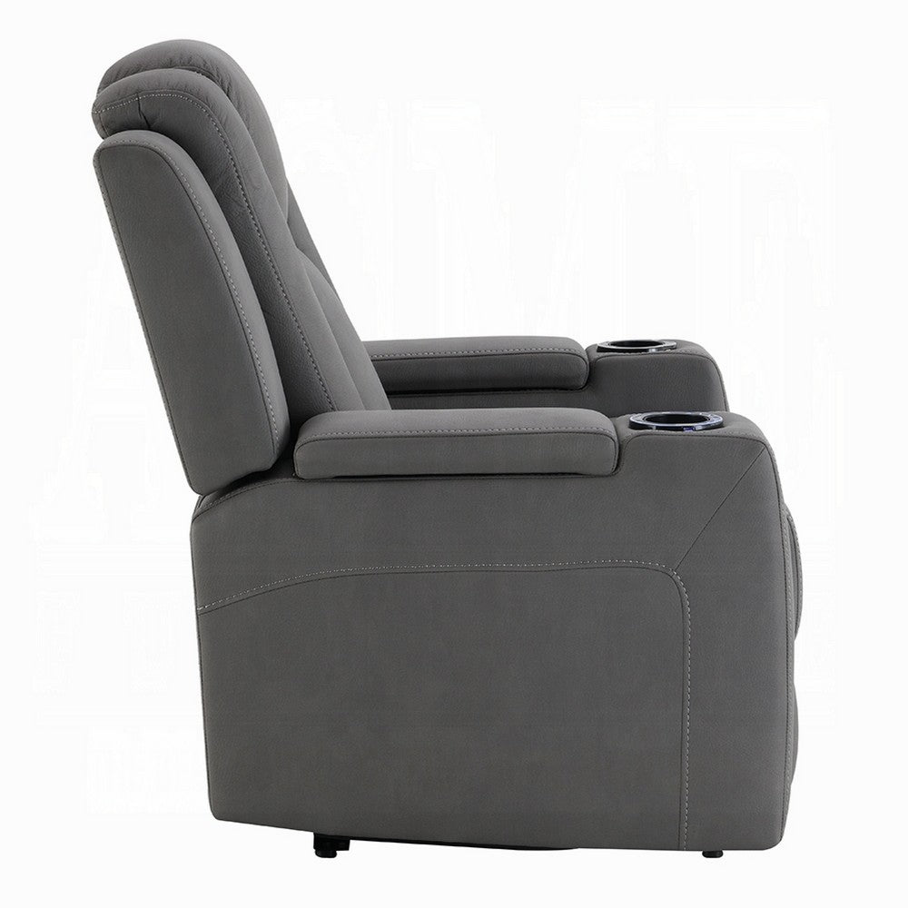 Benjara Jeju Power Motion Recliner with Power Headrest And LED, Gray Faux Leather