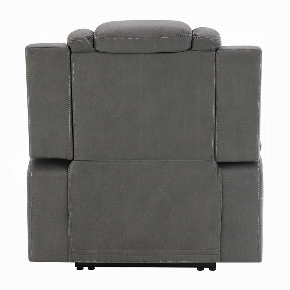 Benjara Jeju Power Motion Recliner with Power Headrest And LED, Gray Faux Leather