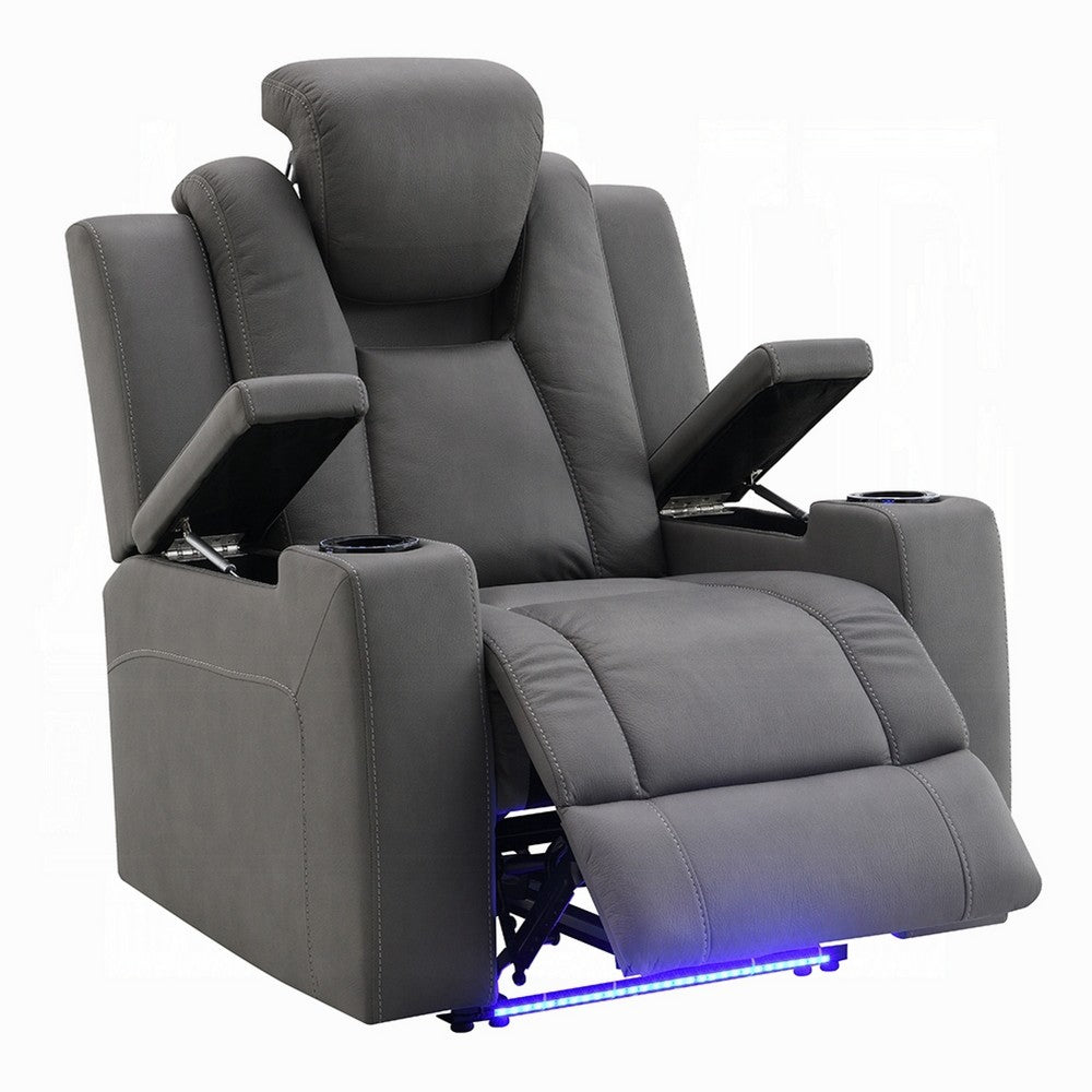 Benjara Jeju Power Motion Recliner with Power Headrest And LED, Gray Faux Leather