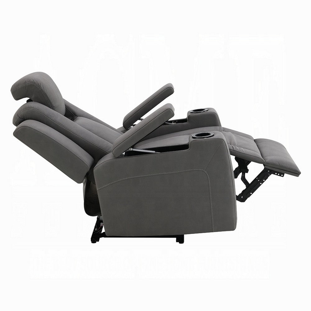 Benjara Jeju Power Motion Recliner with Power Headrest And LED, Gray Faux Leather