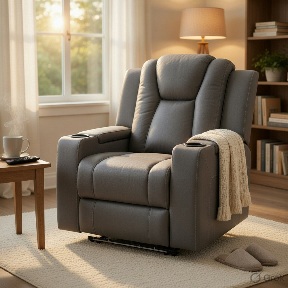 Benjara Jeju Power Motion Recliner with Power Headrest And LED, Gray Faux Leather