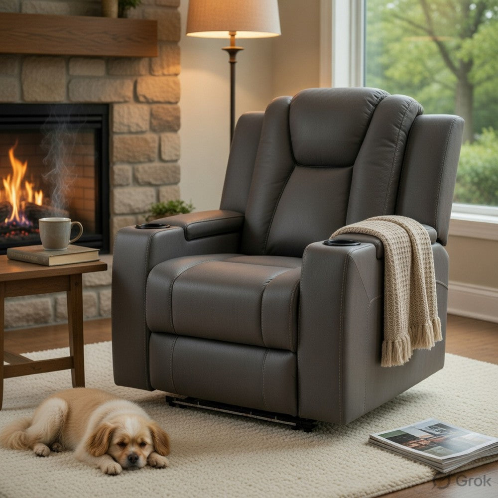 Benjara Jeju Power Motion Recliner with Power Headrest And LED, Gray Faux Leather