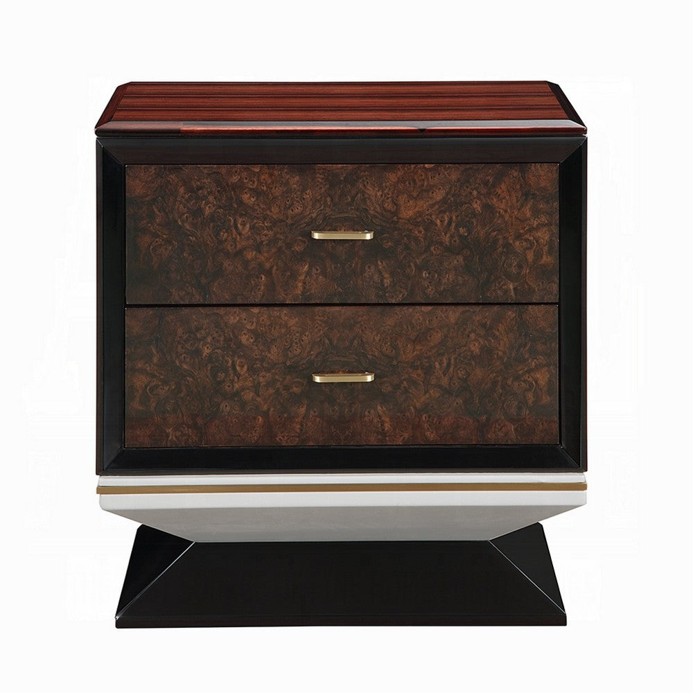Benjara Soen Nightstand, 2 Drawers, Quilted Beige Linen, Brown Pedestal Base
