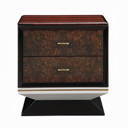 Benjara Soen Nightstand, 2 Drawers, Quilted Beige Linen, Brown Pedestal Base