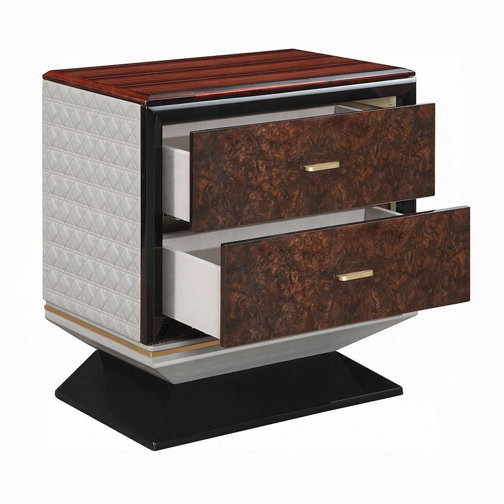 Benjara Soen Nightstand, 2 Drawers, Quilted Beige Linen, Brown Pedestal Base