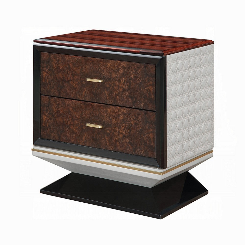 Benjara Soen Nightstand, 2 Drawers, Quilted Beige Linen, Brown Pedestal Base