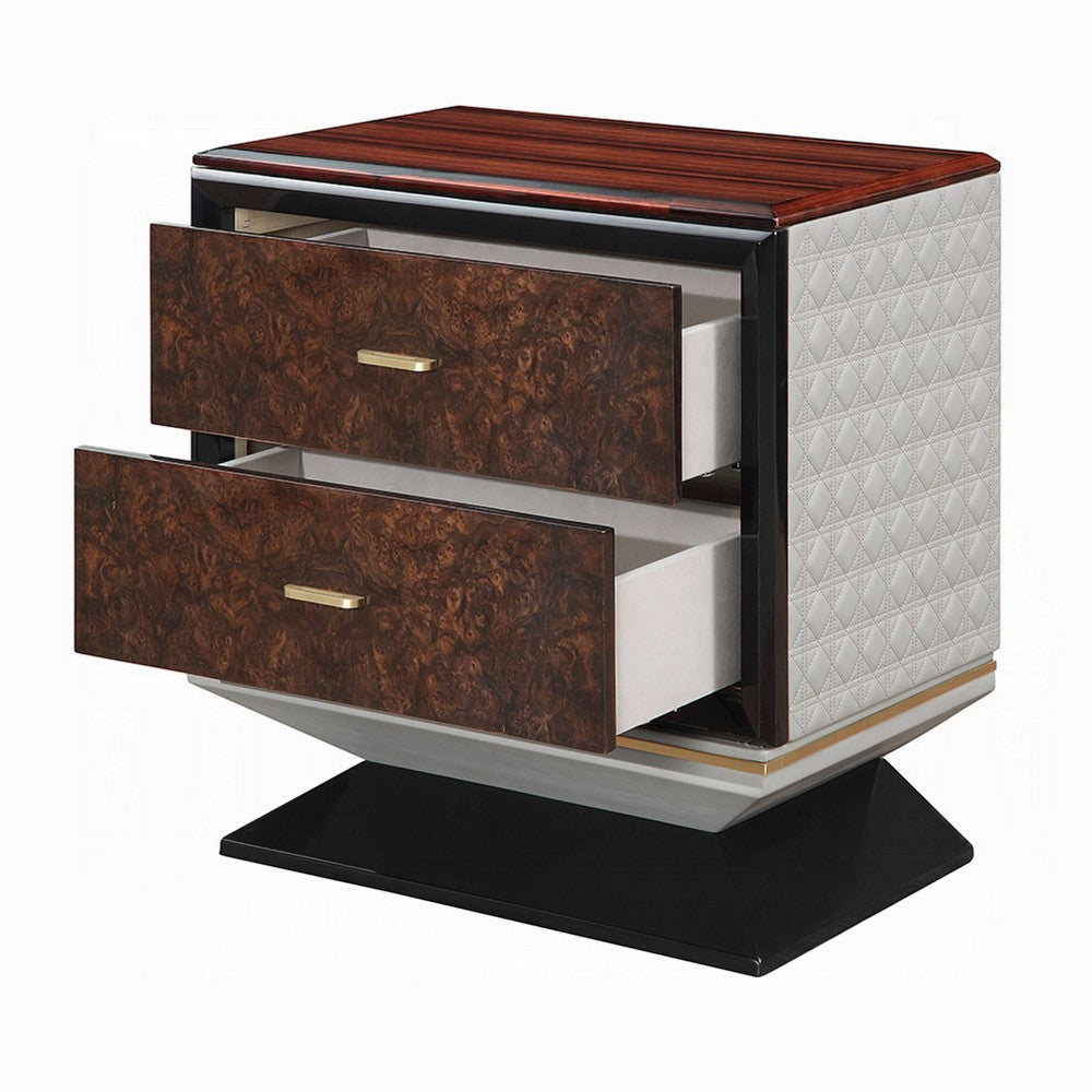 Benjara Soen Nightstand, 2 Drawers, Quilted Beige Linen, Brown Pedestal Base