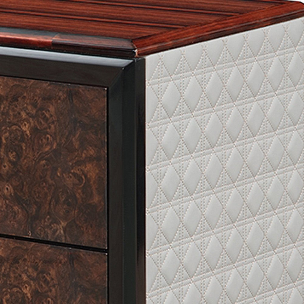 Benjara Soen Nightstand, 2 Drawers, Quilted Beige Linen, Brown Pedestal Base