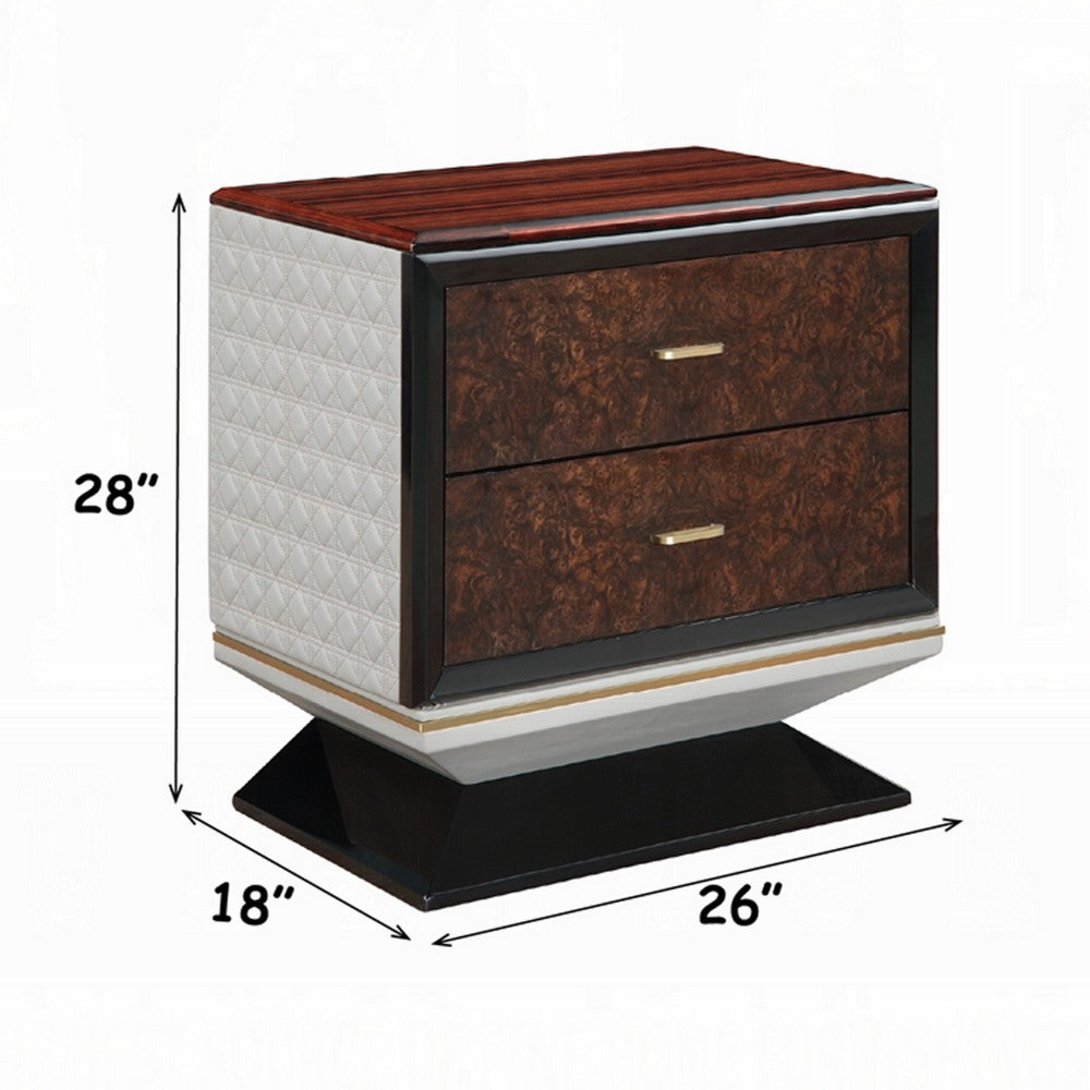 Benjara Soen Nightstand, 2 Drawers, Quilted Beige Linen, Brown Pedestal Base