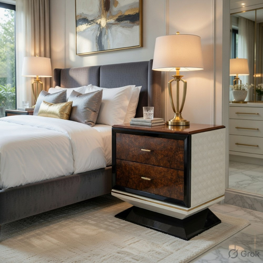 Benjara Soen Nightstand, 2 Drawers, Quilted Beige Linen, Brown Pedestal Base