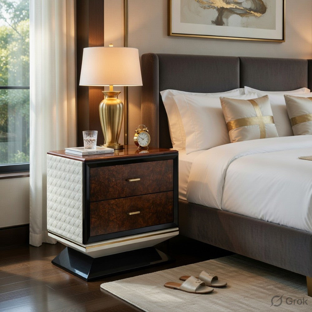 Benjara Soen Nightstand, 2 Drawers, Quilted Beige Linen, Brown Pedestal Base