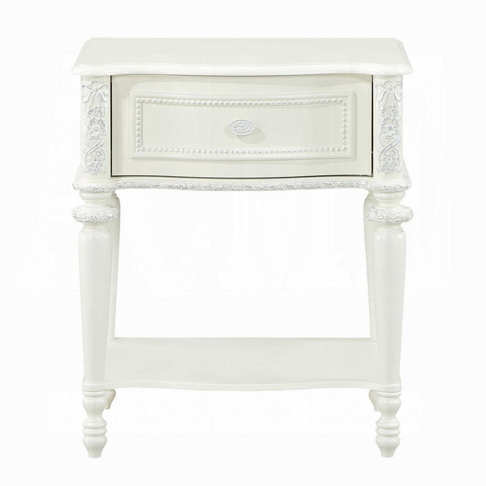 Benjara Dorie Nightstand, Drawer & Shelf, Egg Molded Trim, Floral Carved Ivory Wood