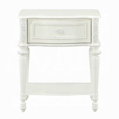 Benjara Dorie Nightstand, Drawer & Shelf, Egg Molded Trim, Floral Carved Ivory Wood