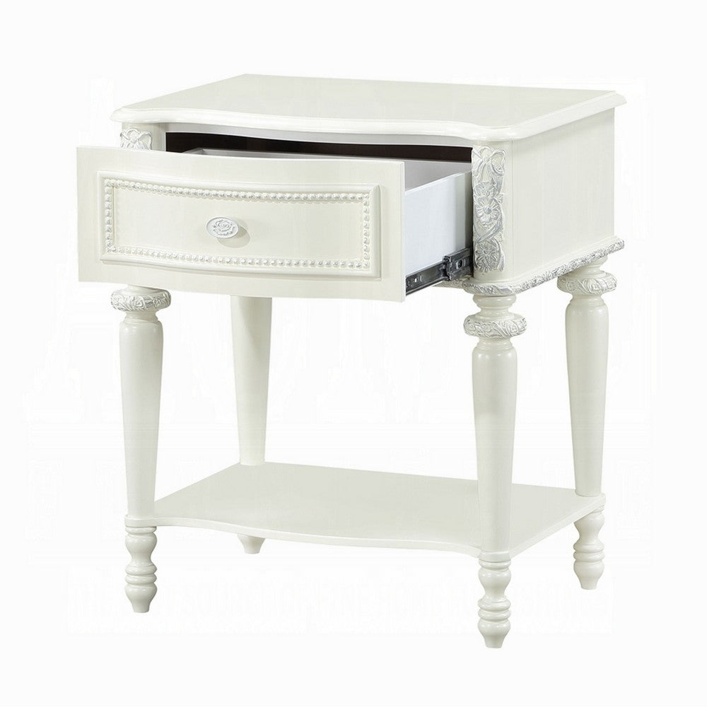 Benjara Dorie Nightstand, Drawer & Shelf, Egg Molded Trim, Floral Carved Ivory Wood