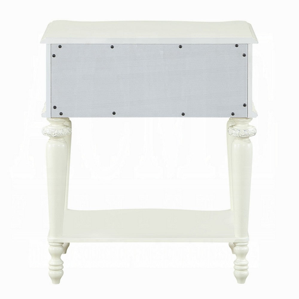 Benjara Dorie Nightstand, Drawer & Shelf, Egg Molded Trim, Floral Carved Ivory Wood