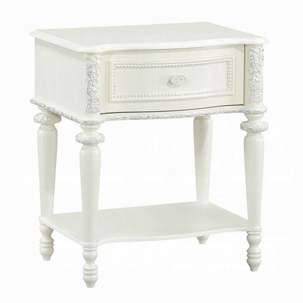 Benjara Dorie Nightstand, Drawer & Shelf, Egg Molded Trim, Floral Carved Ivory Wood