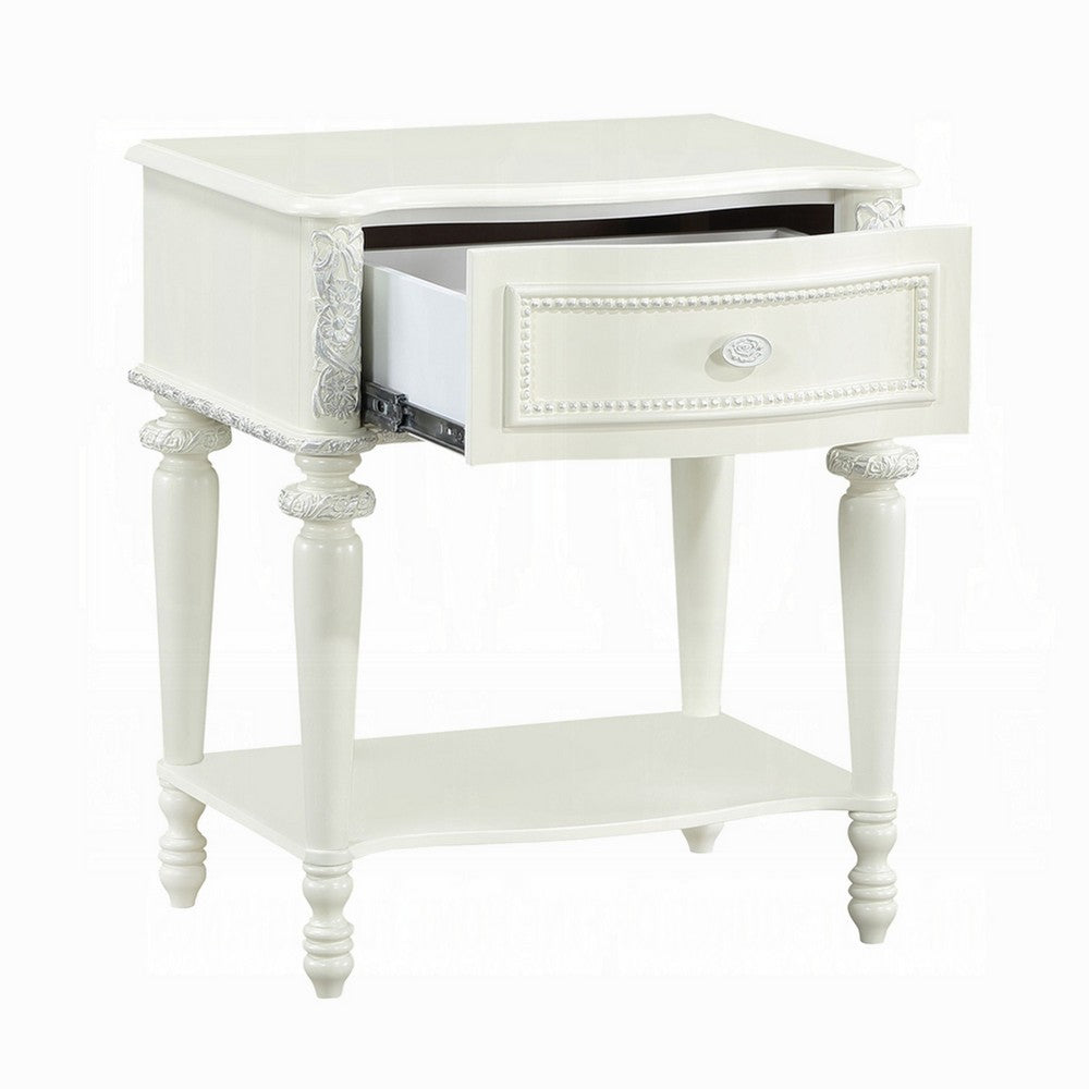 Benjara Dorie Nightstand, Drawer & Shelf, Egg Molded Trim, Floral Carved Ivory Wood