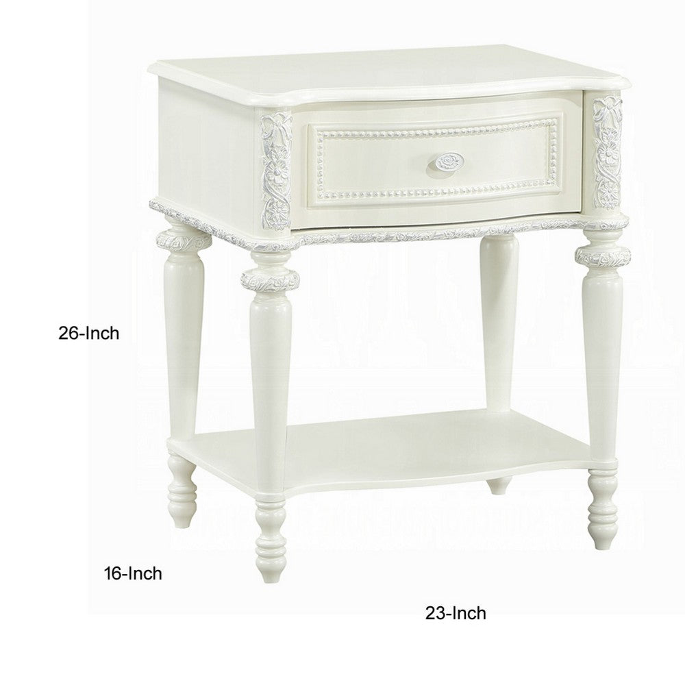 Benjara Dorie Nightstand, Drawer & Shelf, Egg Molded Trim, Floral Carved Ivory Wood