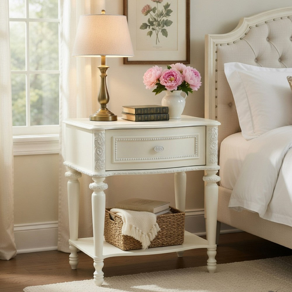 Benjara Dorie Nightstand, Drawer & Shelf, Egg Molded Trim, Floral Carved Ivory Wood