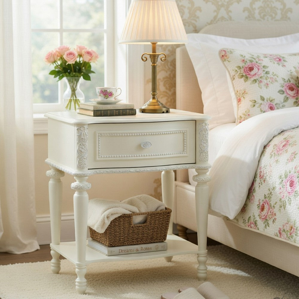 Benjara Dorie Nightstand, Drawer & Shelf, Egg Molded Trim, Floral Carved Ivory Wood