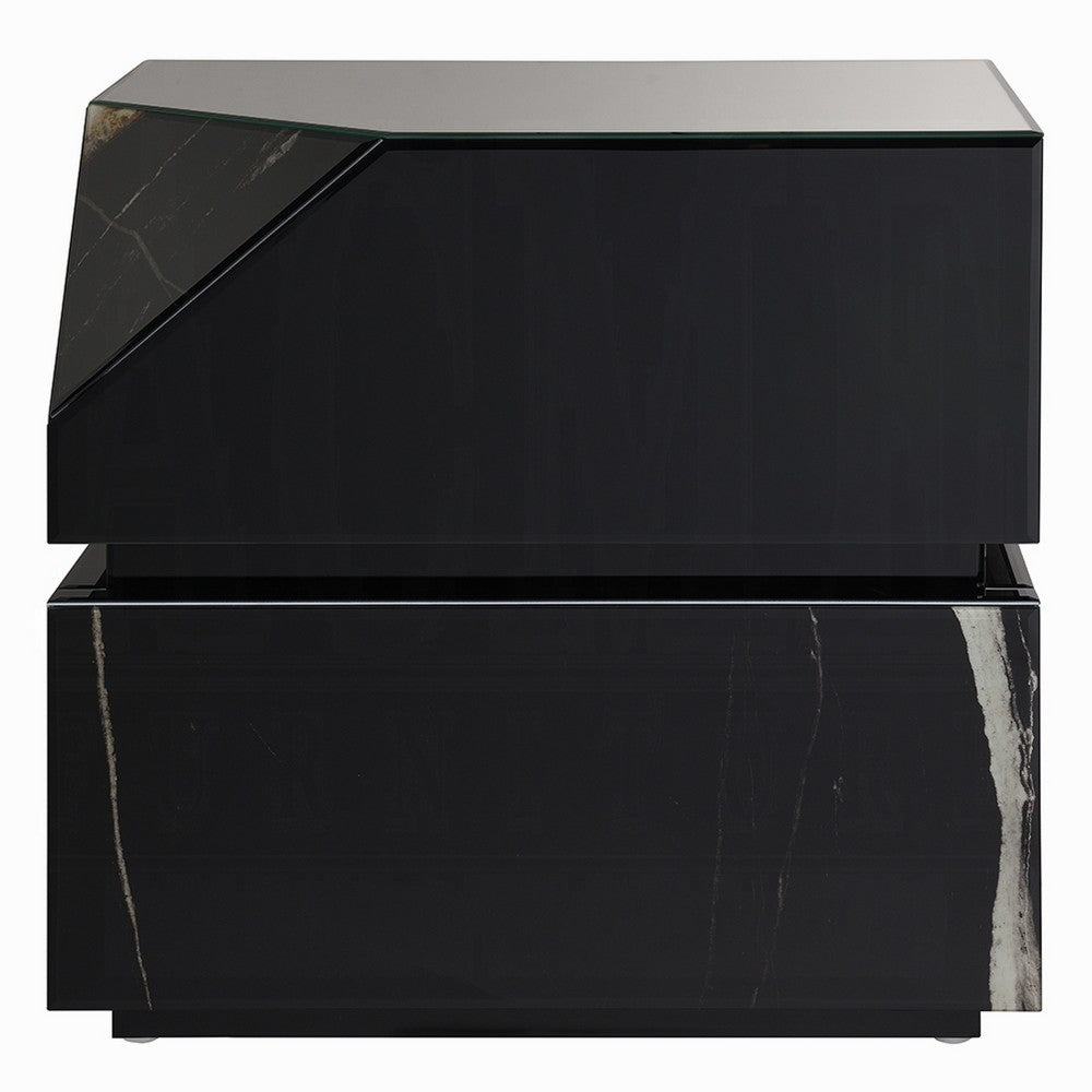 Benjara Ishi Side End Table, Faceted Marble Grain, Black Mirrored Glass 24 Inch