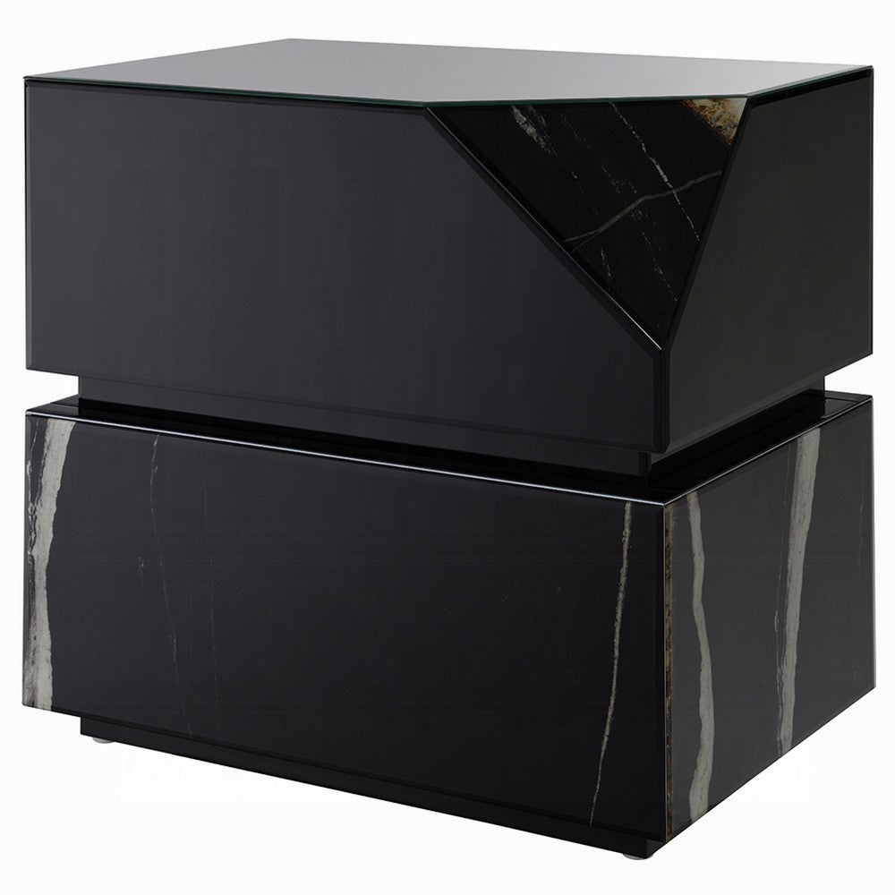 Benjara Ishi Side End Table, Faceted Marble Grain, Black Mirrored Glass 24 Inch