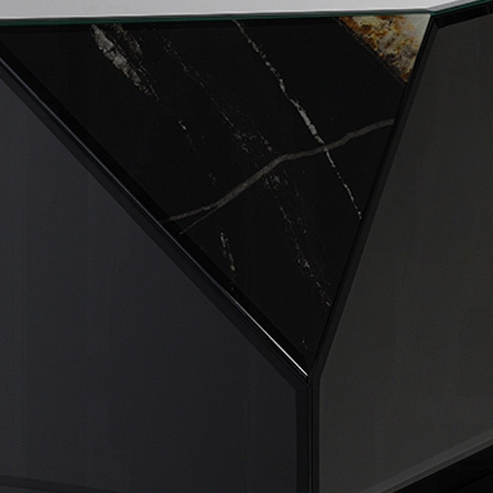 Benjara Ishi Side End Table, Faceted Marble Grain, Black Mirrored Glass 24 Inch