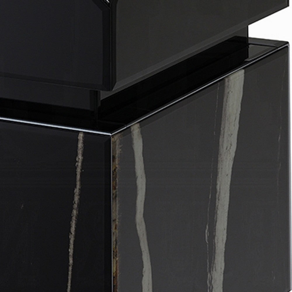 Benjara Ishi Side End Table, Faceted Marble Grain, Black Mirrored Glass 24 Inch