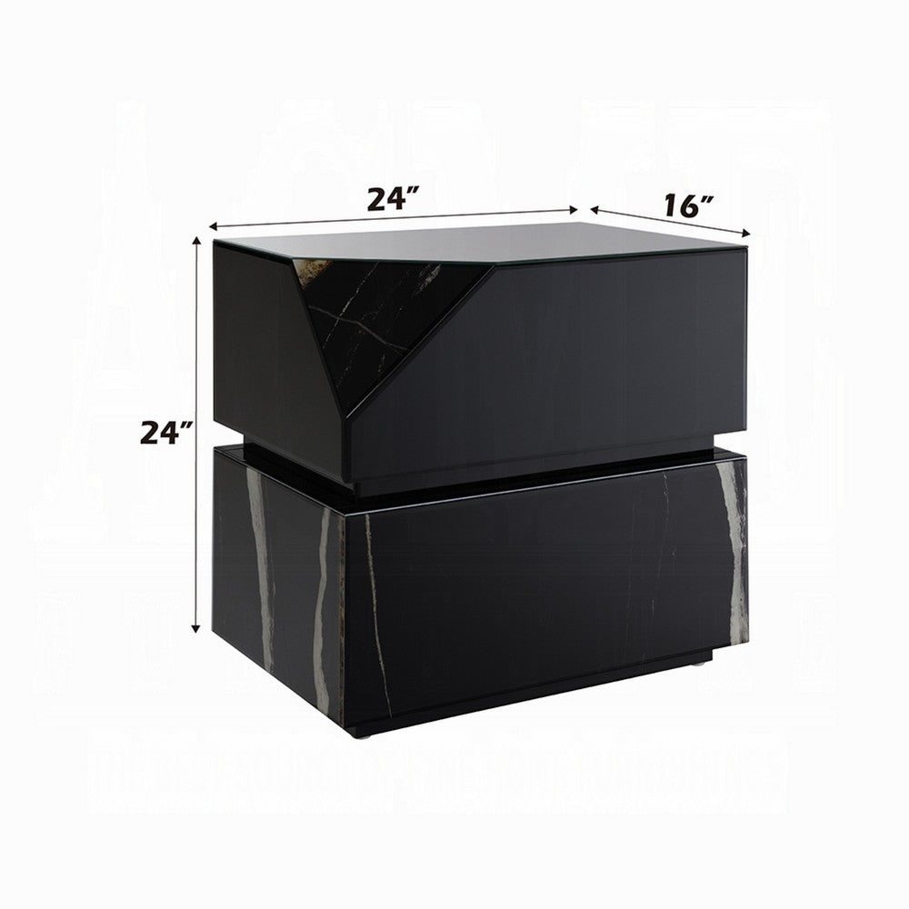 Benjara Ishi Side End Table, Faceted Marble Grain, Black Mirrored Glass 24 Inch
