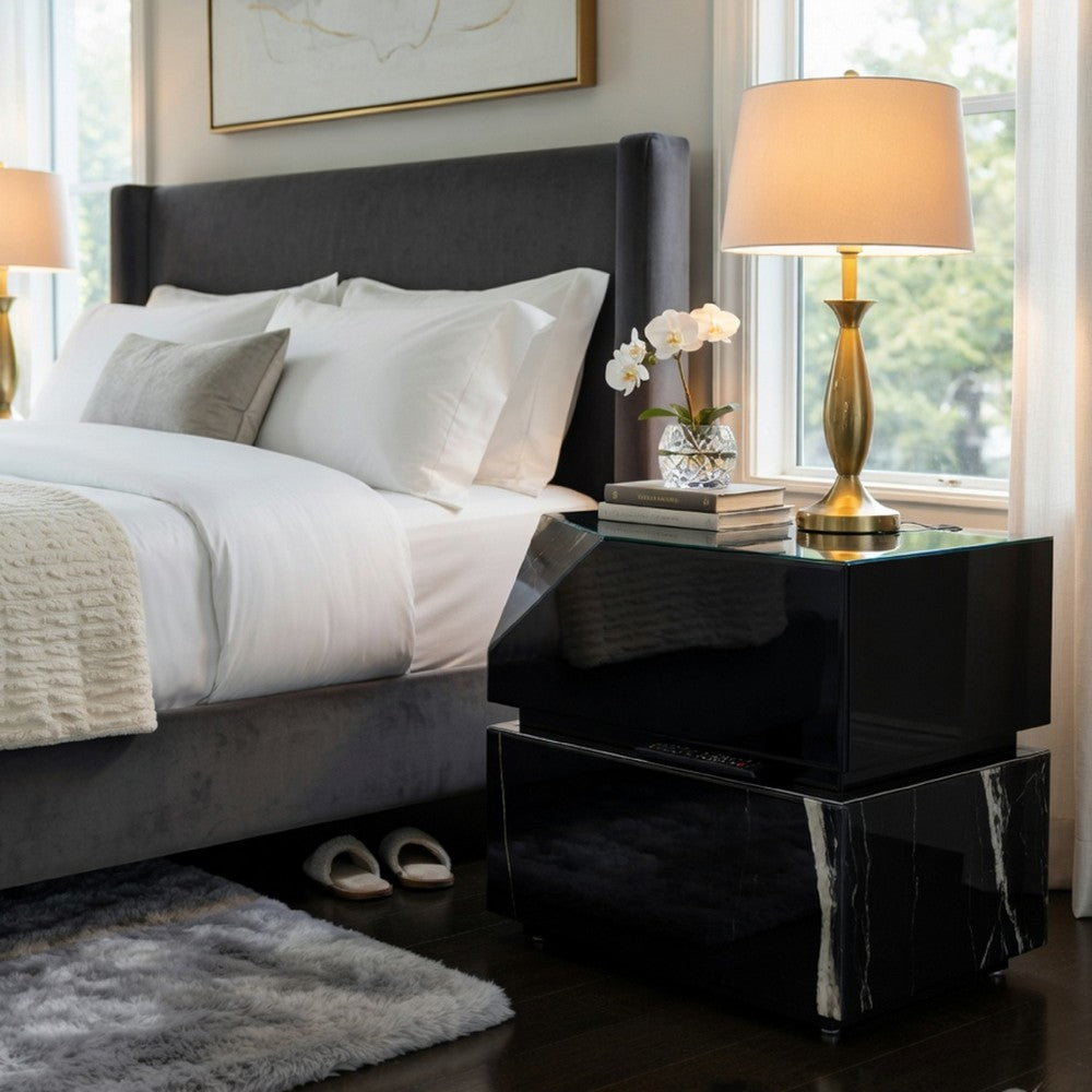 Benjara Ishi Side End Table, Faceted Marble Grain, Black Mirrored Glass 24 Inch