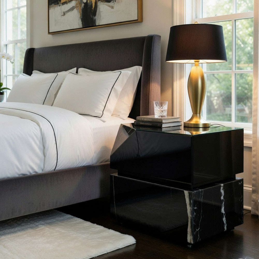Benjara Ishi Side End Table, Faceted Marble Grain, Black Mirrored Glass 24 Inch