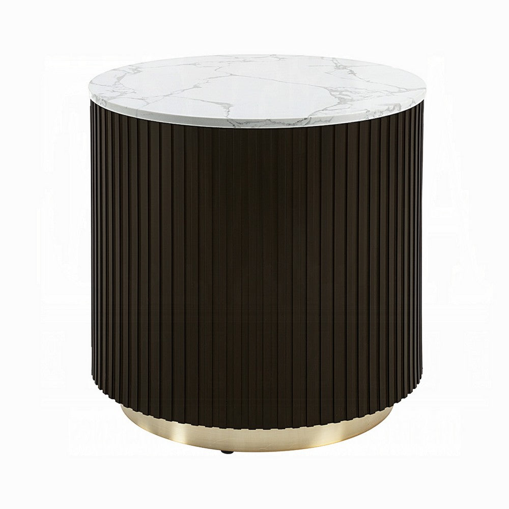 Benjara Jeh Side End Table, Faux Marble Top, Metal Trim, Fluted Brown Wood 20 Inch