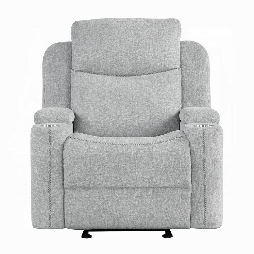Benjara Alya Manual Motion Glider Recliner Chair, Storage Arms, Light Gray Chenille