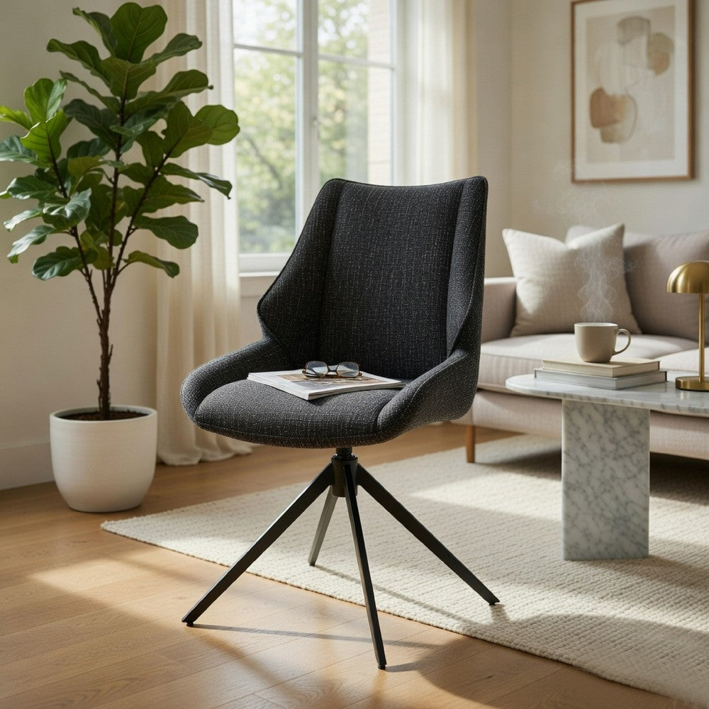 Benjara Maik Swivel Side Chair Set of 2, Wingback, Star Iron Base, Brown Chenille