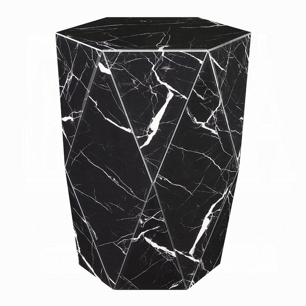 Benjara Kia Side End Table, Modern Hex Drum Shape, Faceted Black Glass 19 Inch