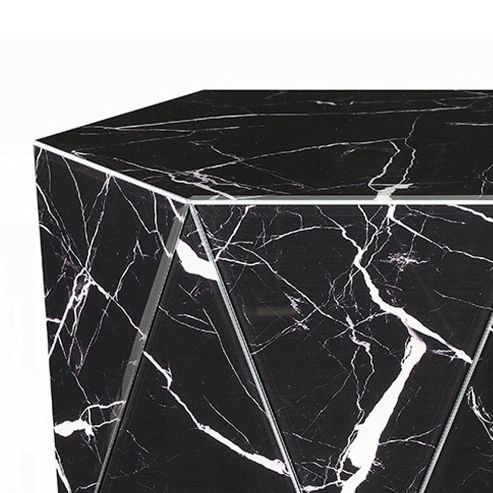 Benjara Kia Side End Table, Modern Hex Drum Shape, Faceted Black Glass 19 Inch